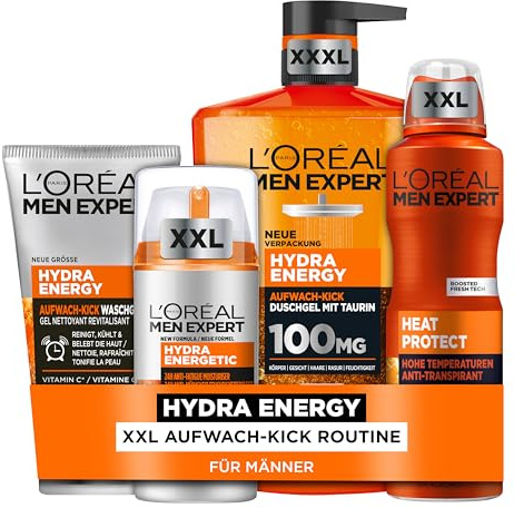L'Oréal Men Expert Pflegeset für Männer, Mit XXXL Duschgel, XXL Deospray, XXL Waschgel und XXL Gesichtscreme, Set für Herren mit Taurin, Vitamin C und Keramik, Hydra Energy, Heat Protect, 4-teilig