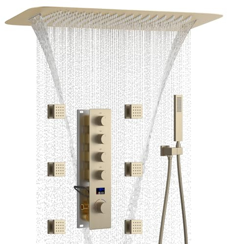 KAITAIHD Brushed Gold Shower System with 16X24 Rainfall & Waterfall Shower, 6 Body Jet, Handheld Spray, 4 Function Temperature Display Shower