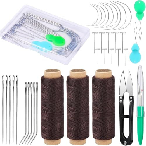 Suoumwa 3 Rollos de Hilos de Coser, Hilo para Extensiones de Cabello de 110 Yardas, Aguja para Coser e Hilo para Cabello, Hilo para Coser Pelucas de Cabello