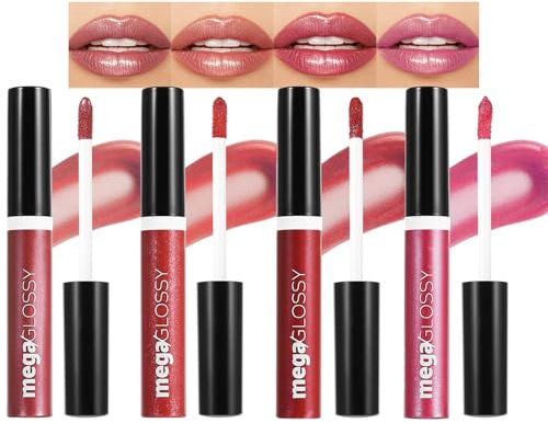 Glitzer Lipgloss Set Glänzend, 4 Farben Flüssig Lippenstift mit Feiner Schimmer, Feuchtigkeitsspendende 3D Lip Gloss, Langlebig & Nicht Klebend Liquid Lipstick, Hochpigmentierter Lippen Make Up Set