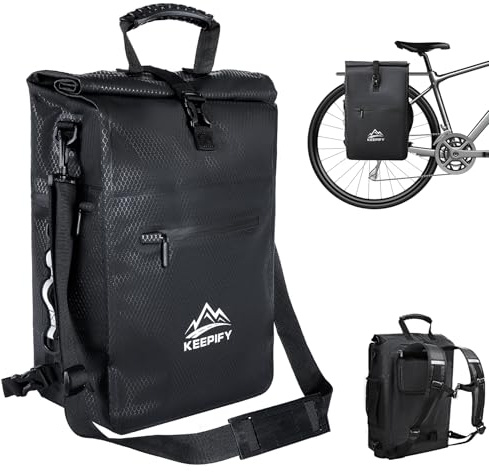 KEEPIFY Sacoche Vélo 3en1, 25L Sac à Dos Étanche avec Compartiment Ordinateur - Convient pour Sacoche Vélo Porte Bagages Arrière&Sac Sport&Sac à Bandoulière
