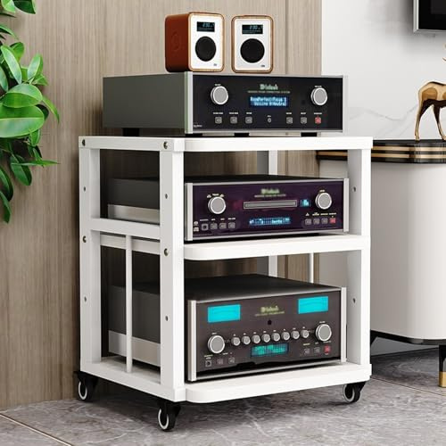 WNYAILLL 3/4-stufiger HiFi Rack mit Rädern, Audio-Video-Medienständer, Audio-Regal, Plattenspieler Tisch mit verstellbaren Ablage, für Wohnzimmer Schlafzimmer Arbeitszimmer(White,61cm/24in)