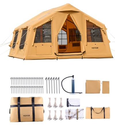 VEVOR Inflatable Tents for Camping, 8-12 Person Easy Setup Blow up Tent with Hand Pump, 4 Season Luxury Glamping Tent with 2 Skylights, Canopy, Stove Jack, 2 Doors & Mesh Windows (Include Storage Bag)