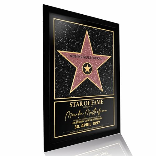 Lineo Persönlicher Hollywood Stern Walk of Fame Stil - Star of Fame Urkunde mit Name und Datum; Personalisiert mit Holzrahmen; Persönliche Wanddeko mit Bilderrahmen (Schwarz, A4-21x30 cm, Gerahmt)