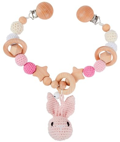 AQCQDQ Kinderwagenkette Holz Baby, Niedliche Tierform Kinderwagenspielzeug, Kinderwagen Kette Baby Mobile, Babyschale Spielzeug für Babys (Rosa Kaninchen)