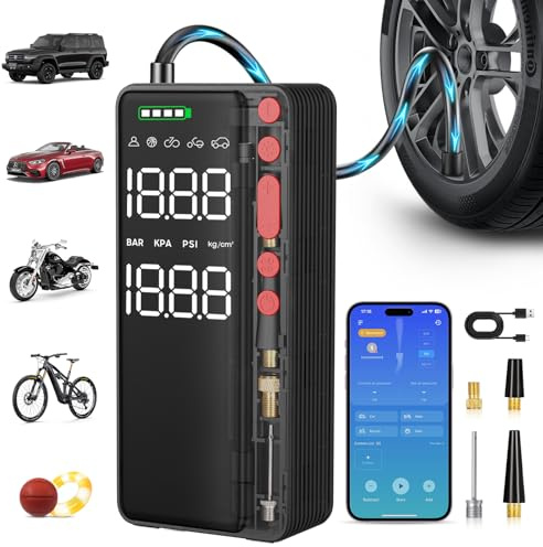 Demkia Gonfleur Pneus Voiture sans Fil, 10000mAh Mini Compresseur à Air Portatif, Portatif Gonfleur Electrique, 150 PSI avec Écran Numérique et Éclairage LED pour Vélo, Voiture, Moto, Ballon