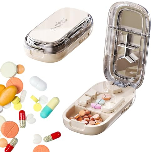 Echu Tragbarer Pillenschneider, Verstellbarer Tablettenteiler mit Edelstahlklinge für Große, Kleine & Winzige Tabletten, Halbieren, Dritteln, Vierteln, Zentrierung, Reise/Alltag