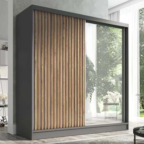 A&J MöbelLand Schwebetürenschrank LINA Kleiderschrank 200 cm mit Spiegel, 3 Schubladen & 3D-Lamellen (Graphit)
