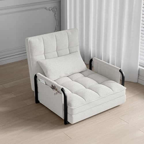 Sofá cama convertible, sofá plegable con respaldo ajustable en 5 niveles, sofá cama con 2 bolsillos laterales, sofá cama pequeño, sofá de suelo con función de sueño, para salón, dormitorio (beige