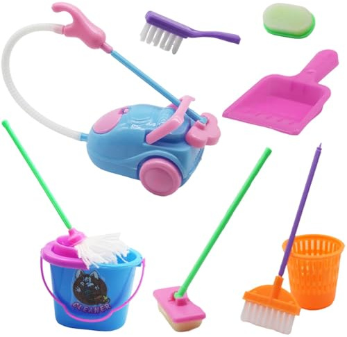 Mini Outils de Nettoyage pour Maison de Poupée, 9 Pièces Kit Menage Jouet avec Mini Balai Serpillère Pelle à Poussière Seau Aspirateur Brosse, Accessoires Miniatures pour Maison de Poupée 1/12