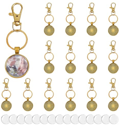 DICOSMETIC 15 Set Cabochon Lünette Schlüsselanhänger Legierung Fotorahmen Schlüsselanhänger 25mm Runde Rohlinge Anhänger Lünette Mit Karabinerverschlüssen Schlüsselringe Und Glas Cabochons
