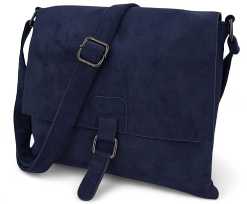 styleBREAKER Damen Umhängetasche samtige Schultertasche | Crossbody Bag mit Umschlag, Magnetknopf, Reißverschluss & verstellbarem Gurt 28,5 x 25 cm, Farbe:Dunkelblau