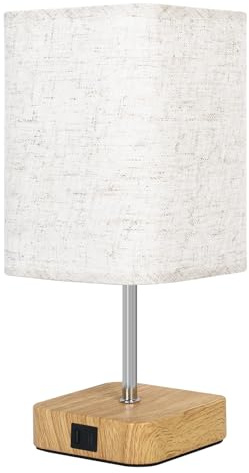 Nachttischlampe mit USB A+C Ladefunktion, Leinenlampenschirm und Holzkornbasis Tischlampe, 3 Way Touch-Dimmbar Bedside Lamp, Minimalistische Leuchten Tischleuchte (Nachttisch Schlafzimmer Lesen)