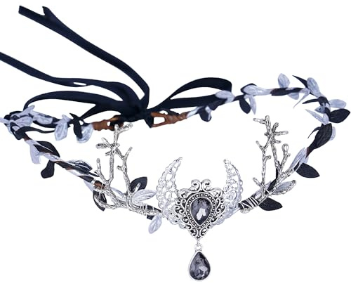 MOSTORY Feen Kopfschmuck Haarschmuck Elfe für Faschingskostüme Damen, Silber Schwarz Elfen Blumenkrone mit Blatt und Mond für Renaissance Kostüm Cosplay Karneval