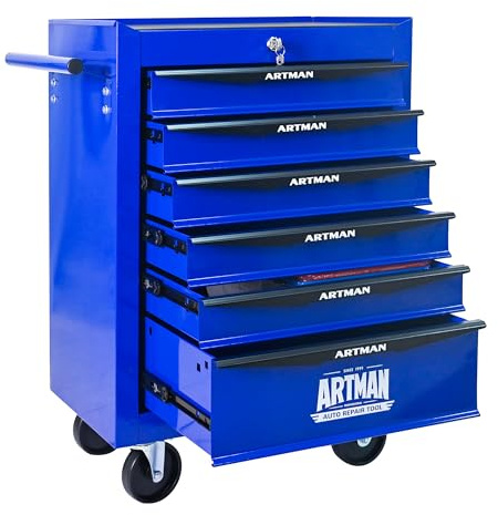 4-7 tiroir poitrine d'outils avec roues, panier de stockage d'outils roulants, organisateur d'outils verrouillage pour garage, atelier, magasin, mécanicien (noir bleu,6 Tiroir)
