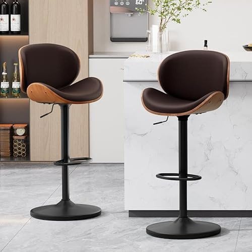 Ckaff Barhocker 2er Set, Barstuhl Höhenverstellbar aus Kunstleder & Massivholz, 360°Drehstuhl Küchenstuhl mit Rückenlehne und Fußstütze für Küche, Wohnzimmer, Esszimmer, Bar, Braun