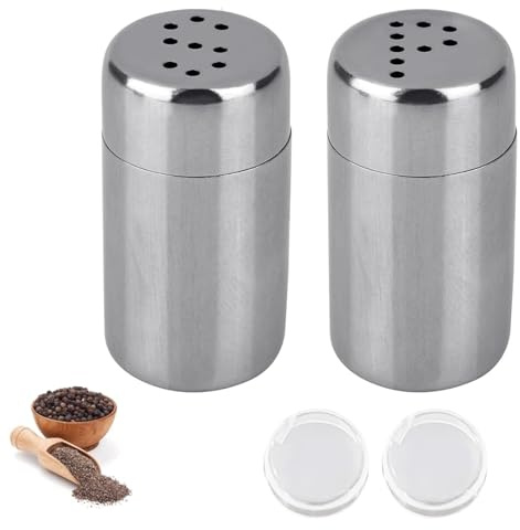 2 Pcs Salt Shaker Small,S or P Shaped Hole Mini Travel Salt and Pepper Shakers Sets, Stainless Steel Mini Spice Shaker, Portable Seasoning Shakers for Kitchen Restaurant,Camping, Travel