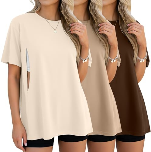 Xuniea 3 Pack Women's Oversize Nursing Shirts | Breastfeeding Hidden Zipper Tops, Crew Neck Short Sleeve Tees, Maternity Loose Fit Shirts, for Mom After Birth