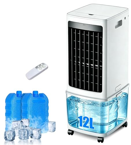 Evaporative Air Cooler for Home and Office, 3-in-1 Portable Cooling Fan & Humidifier with 12L Detachable Water Tank, 1000m³/h Airflow, 7.5H Timer, Remote Control, 3 Speed Modes, 2 Ice Boxes