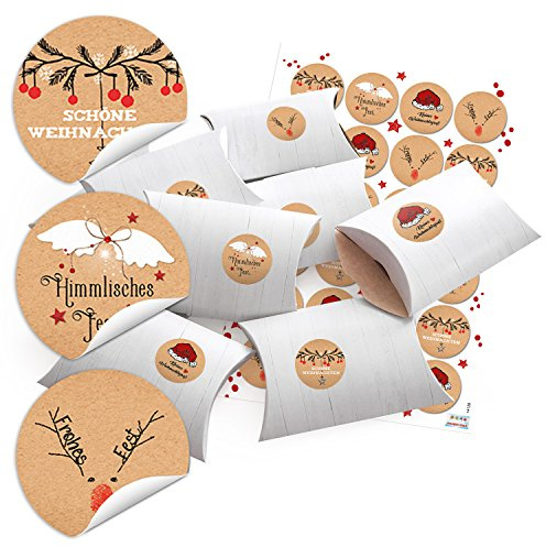 Logbuch-Verlag 24 kleine Geschenkschachteln weiß + Weihnachtssticker in Kraftpapier-Optik - Weihnachtsschachtel Verpackung zum Befüllen 14,5 x 10,5 cm