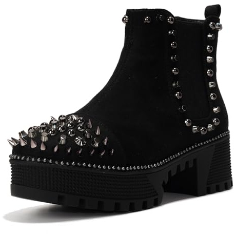 Cape Robbin Women's Platform Combat Boots Pull-on Ankle Booties, Studded Goth Punk Boots with Spiky Design & Chunky Heel (Spiky) - Black Size 9