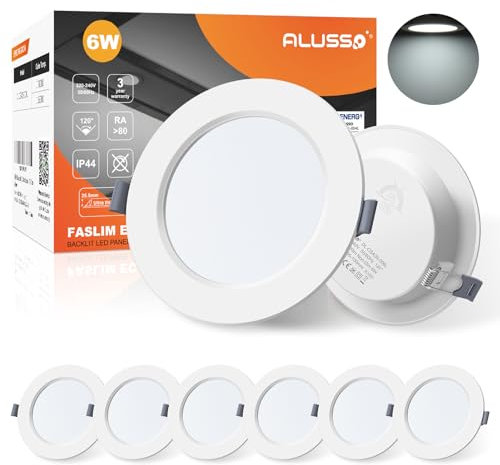 ALUSSO LED Downlights for Ceiling 6W Ultra Slim LED Recessed Ceiling Spot Lights 6500K Cool White IP44 Waterproof Spotlights Ceiling Lights for Bathroom Kitchen Living Room, 6 Pack