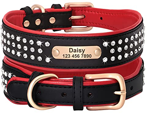 Beirui Personalisiertes Hundehalsband mit Strasssteinen für mittelgroße und große Hunde–glitzerndes Hundehalsband mit glitzernden Kristallen–strapazierfähiges PU-Leder für Haustiere mit Metallschnalle