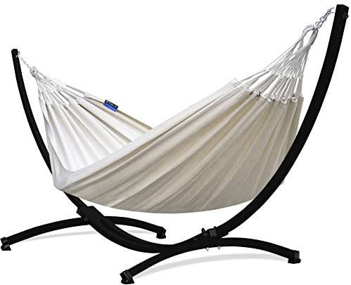 Potenza Outdoor Hängematte mit Gestell für 2 Personen I Medelin - 100% Baumwolle Doppelhängematte 220x140, 160kg I Hängemattengestell 220kg, wetterfest (Creme, Gestell Schwarz)