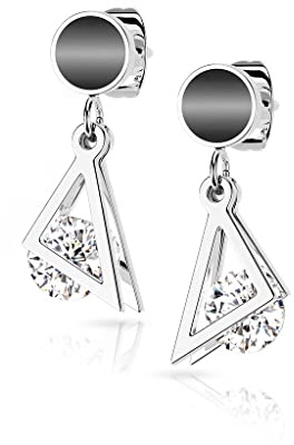 beyoutifulthings 1 Paar Damen Ohr-Stecker schwarzer Enamel Dreieck-Anhänger Zirkonia Clear Chirurgenstahl Ohr-ringe Ohr-hänger Ohringe Silber Gold