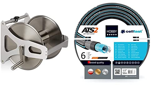 Relaxdays Schlauchtrommel Metall, Schlauchaufroller leer, Edelstahl & Aluminium, Boden & Wand, 30,5x45x36,5 cm, silber & Cellfast 16-201 5900377100 Hobby Premium Wasserschlauch 6-lagig, 1/250m