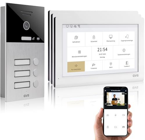 GVS IP Video Türsprechanlage 3 Familienhaus mit Türöffner 3X 10 Monitor | Smarte Video Türklingel mit Kamera und Monitor & App - Gegensprechanlage mit Türöffner (AVS5416U)