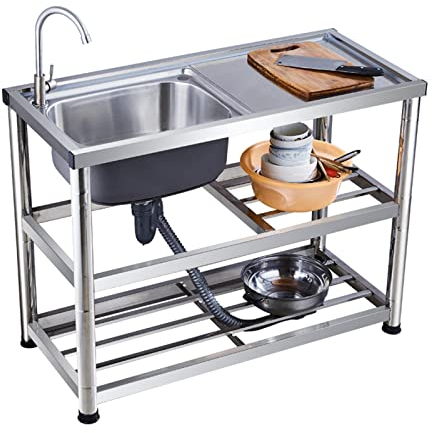 YZJJ Single Bowl Kitchen Sinks,Outdoor Free Standing Sink, Commercial Restaurant Kitchen Bar Sink,With Cutting Board, Utility prep station Sink, Laundry Tub, Free Standing Stainless-Steel (Color : A)