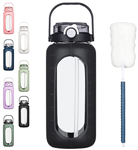 BLUEGO 64oz Glass Water Bottles with Straw Time Marker Half Gallon Large Motivational Water Bottle with Silicone Sleeve 2 Liter Large Glass Water Jug Daily, Black