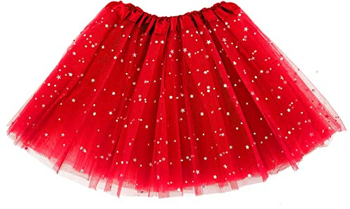 Sibba Sparkle tutù gonna da balletto a 3 strati di tulle con paillettes a stelle, giochi di ruolo, compleanno, principessa, festa per ragazze, 2-7 anni, sport all'aria aperta, Colore: rosso, S-M