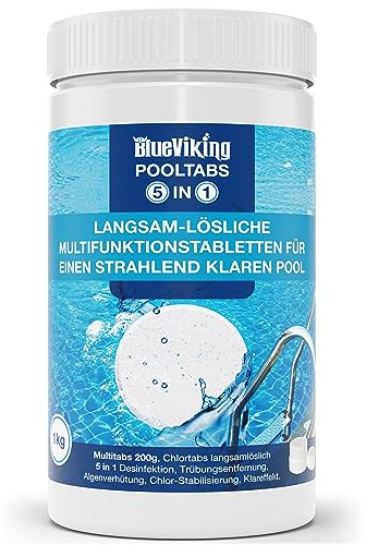 BlueViking Chlortabletten für Pool 5 in 1 - Hochwirksame Multitabs Pool 200g im 1kg Eimer - Chlor Pool Tabletten in EU Premium-Qualität - Einfache, Sichere und Effiziente Poolpflege