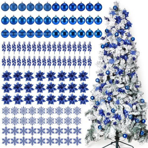 Ceenna 132-teiliges Weihnachtsbaumschmuck-Set, glitzernde Weihnachtssterne, Blumen, 6 cm, Weihnachtskugeln, Schneeflocken, Dekorationen, künstliche Beeren-Plektren für Weihnachtsbaum, Kranz, Haken im