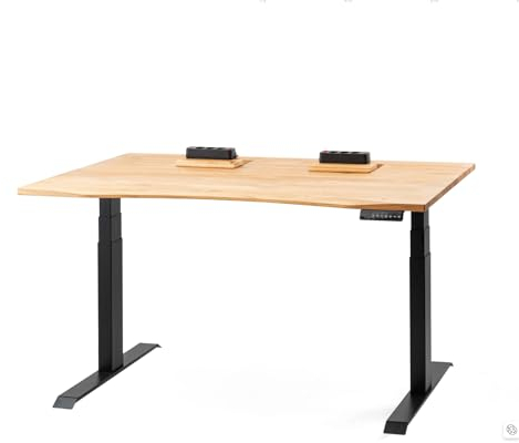 Höhenverstellbarer Schreibtisch Eiche Massiv mit Kabelmanagement (Schwarz, Ergonomisch, 150x80)