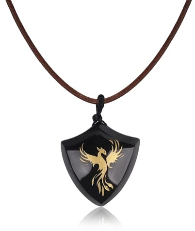 COAI Collar de Cuero Hombre Mujer, Collar de Cuero Italiano Auténtico con Colgante de Obsidiana con Fénix Tallada a Mano