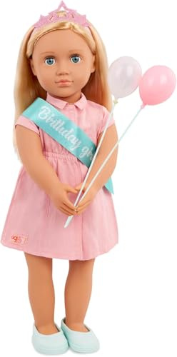 Our Generation - Brenna - 46 cm Geburtstagspuppe & Zubehör - Lebensechte Blaue Augen und dunkelblondes Haar - Partykleid, Schärpe & Luftballons - Spielzeug für Kinder ab 3 Jahren