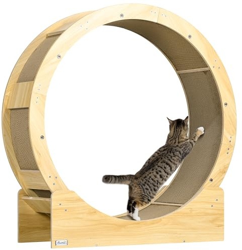 PawHut Katspringcykel balanscykel för katter, 91 cm diameter, katthjul med broms, löpbräda, katthjul, löpband för viktminskning och hälsa, ek