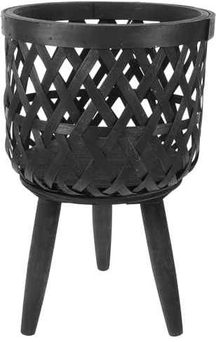 Soporte para Maceta de Madera Negro, Cesta Tejida para Flores, Ligera | Estantes para Poner Macetas, Diseño de Cesta, para Interior y Exterior, Fácil de Mover y Transportar