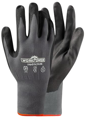WORKPOWER– 6er Pack Arbeitshandschuhe Merkur für Herren – rutschfeste Handschuhe mit Nitrilbeschichtung – verfügbar in den Größen 9 (Grau/Schwarz)