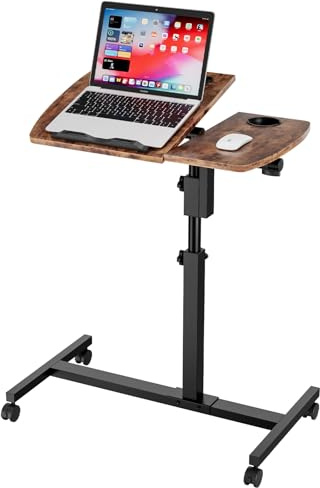 Dripex 60×40cm Laptoptisch mit 4 Rollen, Schreibtisch Höhenverstellbarer 69-98cm, Mobiler Stehpult Computertisch mit Stopp-Leisten, Überbett-Tisch, Beistelltisch für Sofa Wohnzimmer, Vintage Braun