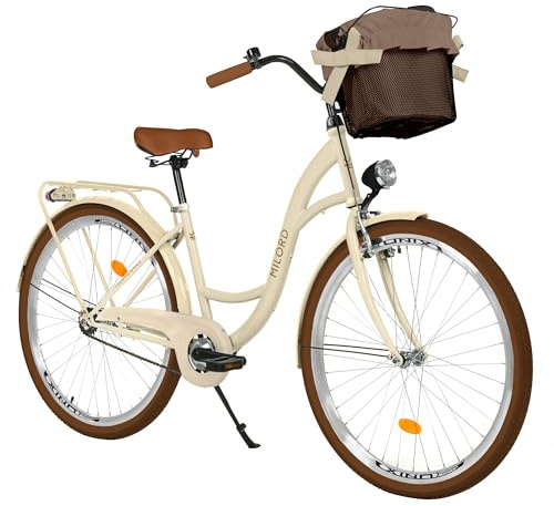 Balticuz OU Bicicletta da donna con cestino, bici da città, 28 pollici, Beige-Marrone, 1 marcia