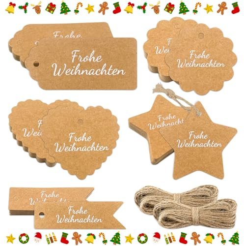 Lets Joy Geschenkanhänger Weihnachten, 100stk Weihnachtsgeschenkanhänger, Frohe Weihnachten Kraftpapier Etiketten, Weihnachten Etiketten Anhänger mit 20m Hanfseil, Tags Verpackung Geschenkdeko