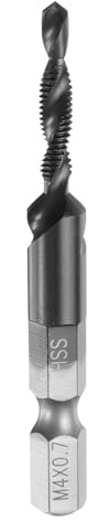 QUARKZMAN Barrena de Taladro y Macho Combinado, Métrico M4 X 0.7 Rosca Vástago Hexagonal de 1/4, Machos de Roscar Recubiertos Con Ticn, Acero de Alta Velocidad (HSS) 6542