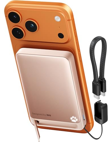 INIU pour MagSafe Qi2 15W Batterie Externe, Ultra-Fine 10000mAh Power Bank | Recharge Rapide Filaire 45W, Magnétique Certification Qi2 Officielle, Câble USB-C, pour les iPhone Séries 12 à 17, Rose