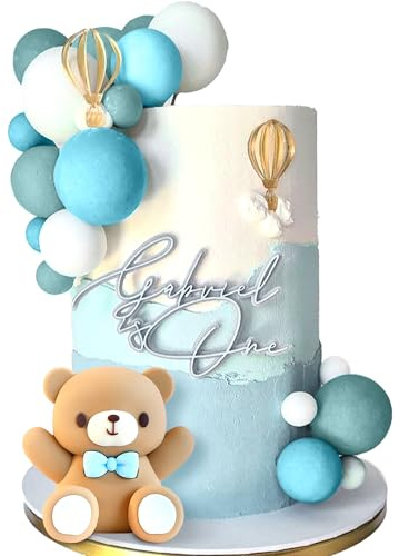 JeVenis Teddybär Tortendeko 1. Geburtstag Junge Blau - 1 Stück, 15 Bälle, Kuchen Dekoration für Baby Shower, Taufe, Party