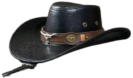 Cowboyhut im Vintage-Stil, mit Ochsenkopfgürtel, Nieten, Fedora-Hüte für Männer und Frauen, Outdoor-Reisen, Kunstkappen, breites Leder, Sonne, Cowgirl, Schwarz