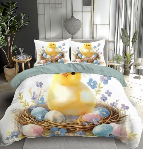 JSCWDET Bettwäsche 155×220Cm+2×80X80Cm Süßes Gelbes Küken Wende Bettwäsche Set, Ostervogelnest Microfaser Renforce Bettbezug Mit Reißverschluss Und Kissenbezug